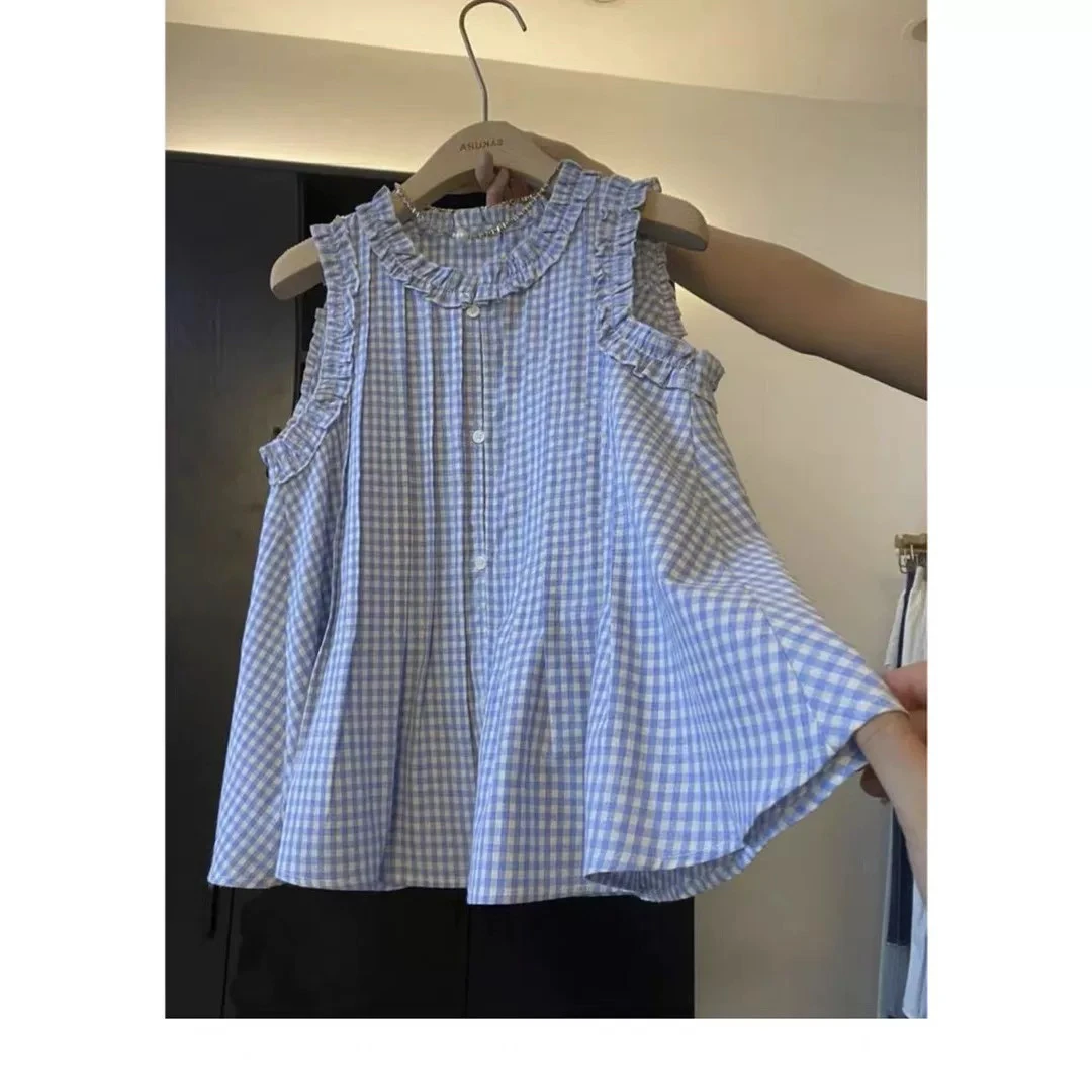 夏季韩版时尚百搭木耳边格子无袖衬衫女宽松显瘦减龄