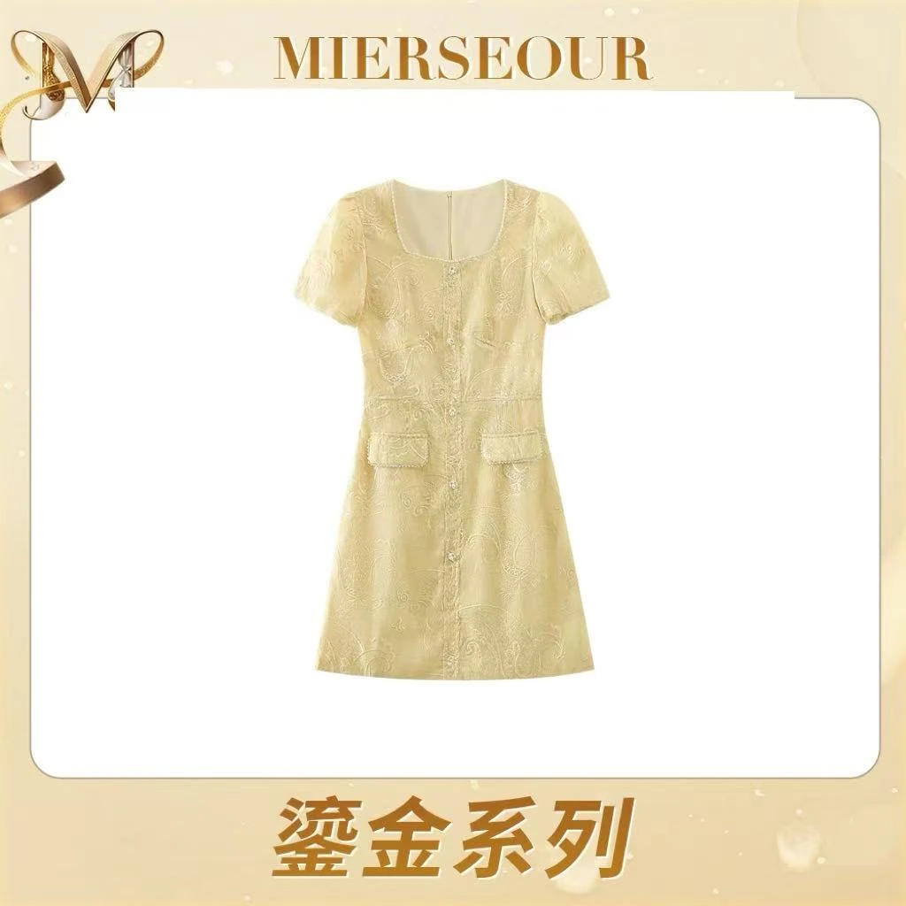 MIERSEOUR鎏金系列【金色余晖】重工刺绣钉珠短袖连衣裙6190