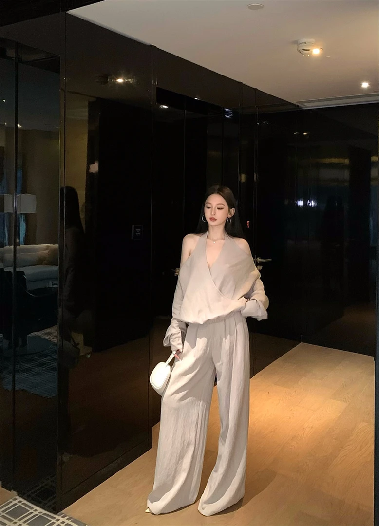 复古设计感气质辣妹露肩上衣裤子套装A808