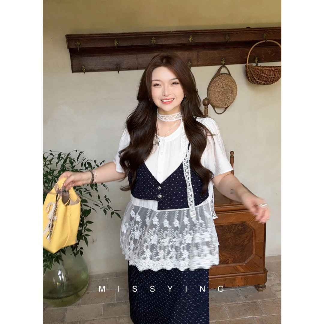 应小姐【蕾丝手札】微胖大码韩版显瘦气质假两件蕾丝上衣+半裙套装