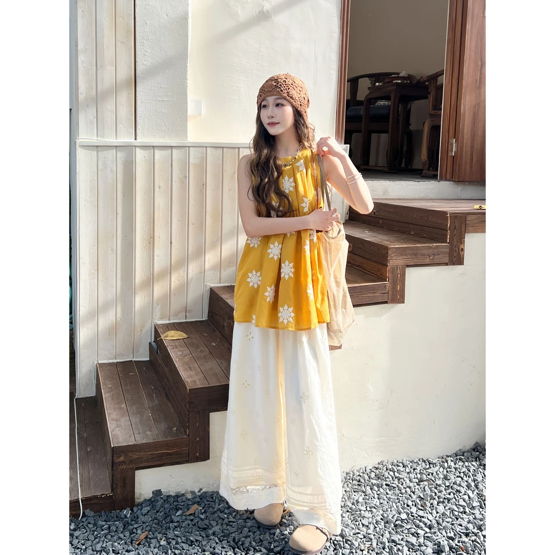 高质量碎花设计感无袖挂脖衬衫夏季娃娃衫上衣女生+宽松百搭长裤