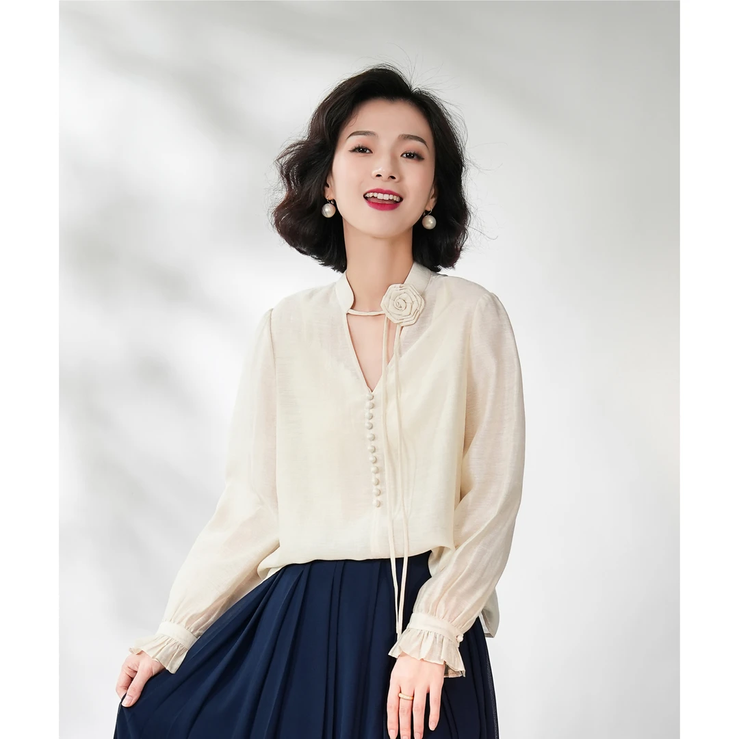 西子/【玫瑰故事】醋酸亚麻V领设计感气质系带玫瑰衬衫衬衣/SYBH245