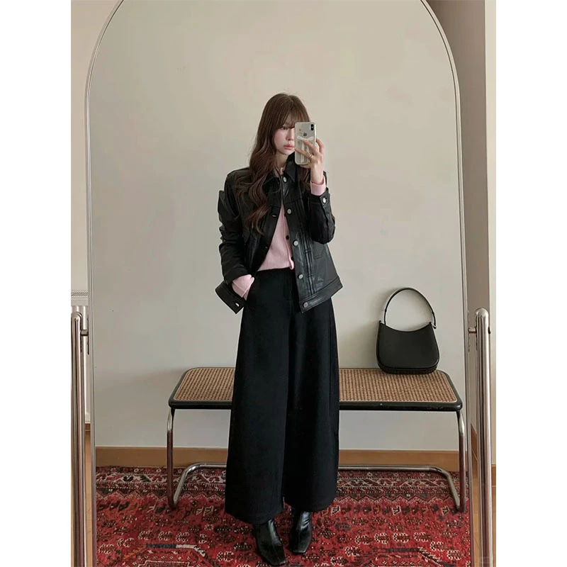 秋冬新款时尚休闲百搭长袖上衣高级感黑色外套高腰宽松直筒裤套装