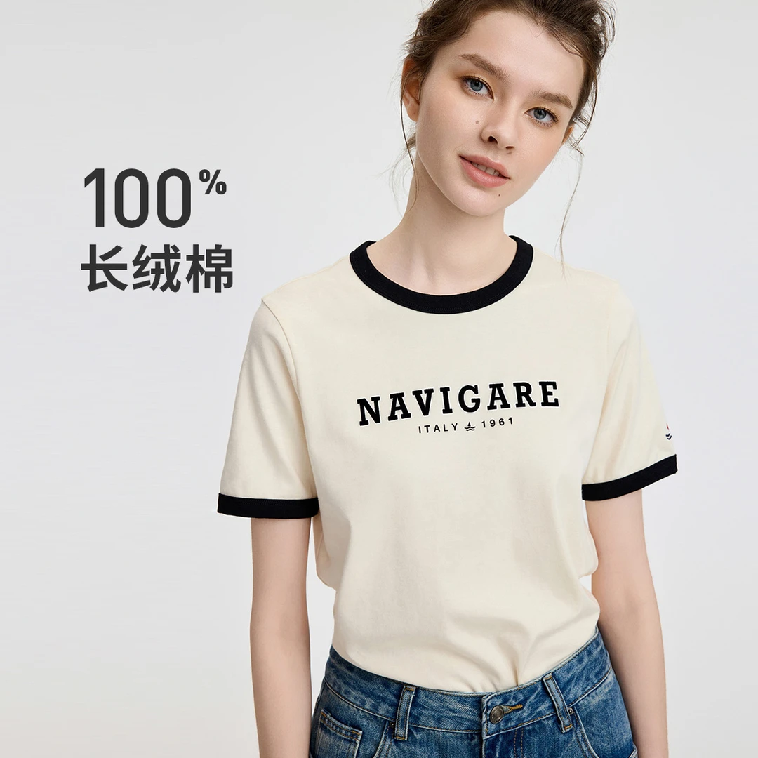 [纯棉抑菌]navigare意大利小帆船夏季短袖圆领T恤女潮流字母上衣
