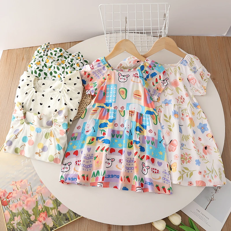 女童连衣裙绵绸夏季2025新款花朵泡泡袖儿童公主碎花宝宝女孩裙子