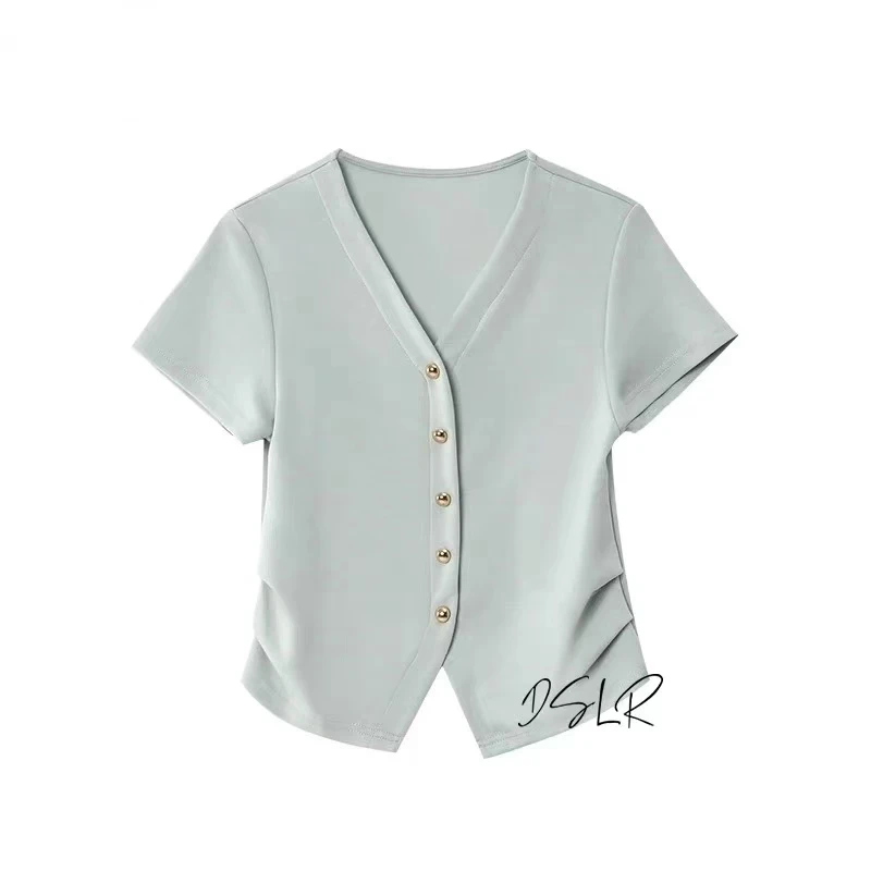 MZ.夏季V领正肩t恤女新款休闲百搭上衣短袖开衫MC7085