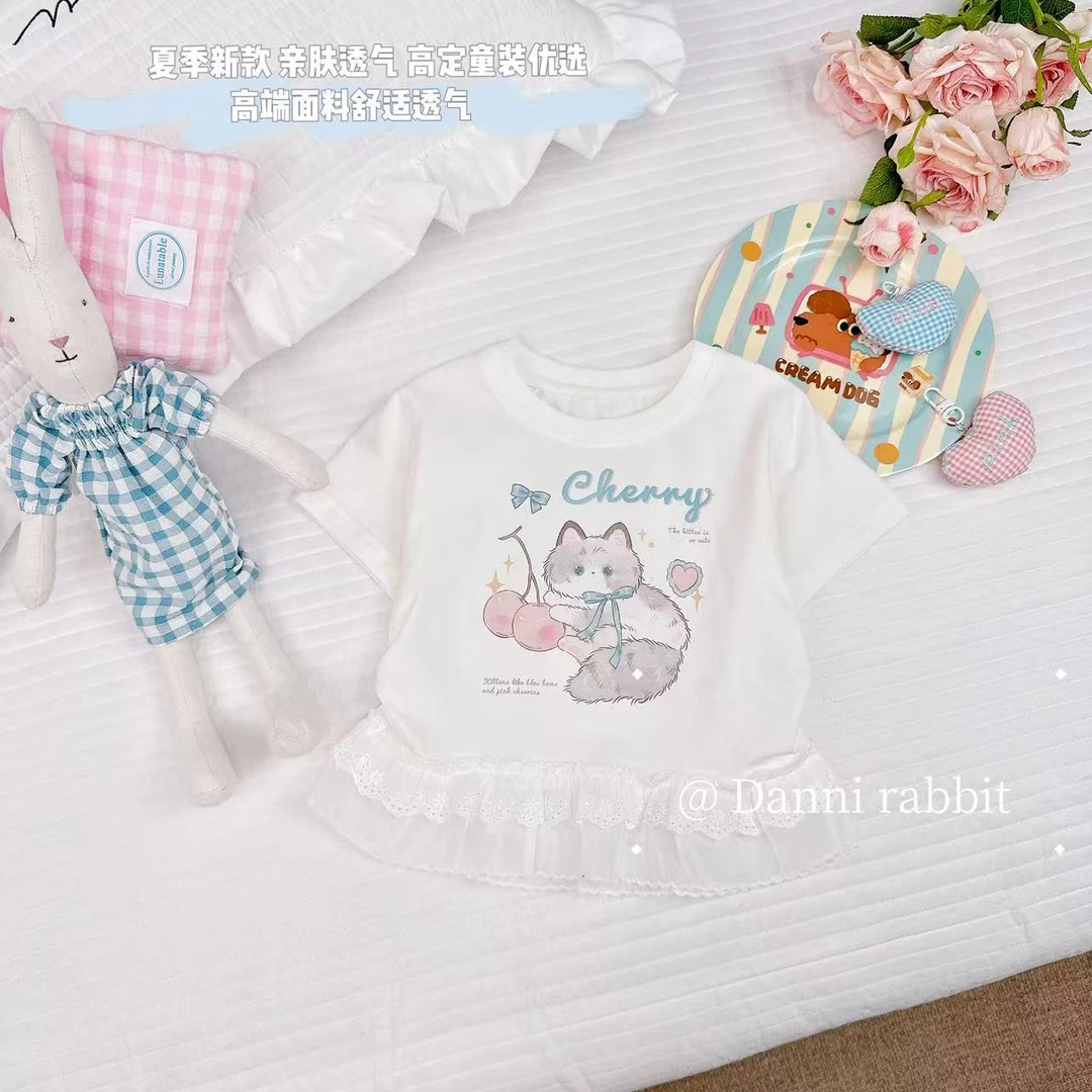 【Dannirabbit】*白色花边小猫印花T恤+女童甜美卡通短袖 X-7526