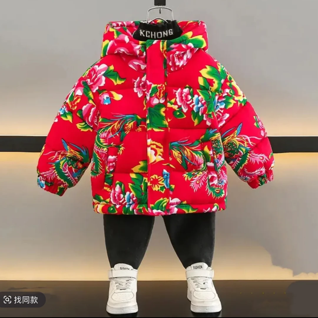 儿童款连帽东北大花棉袄棉袄棉服上衣印花冬装保暖童装