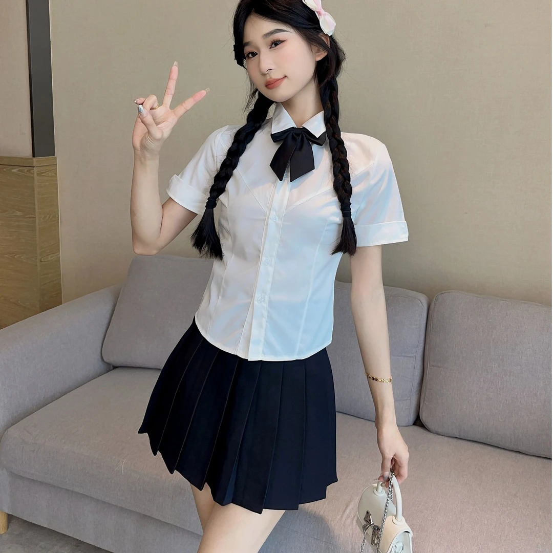 jk辣妹制服短袖收腰v领衬衫学院风夏季显瘦百搭学生白色衬衣套装
