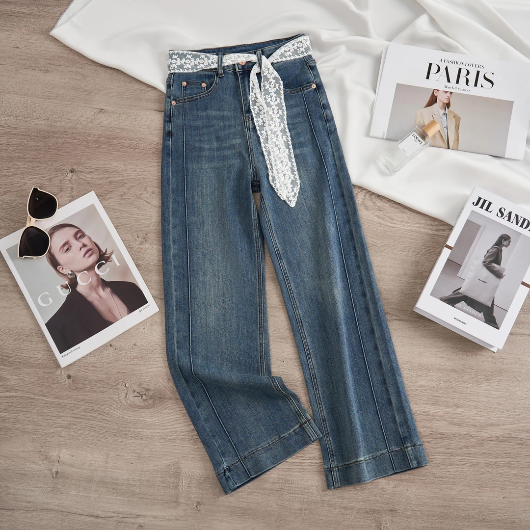 A春夏新款高腰直筒时尚休闲夏季复古宽松花边直筒时尚牛仔裤女