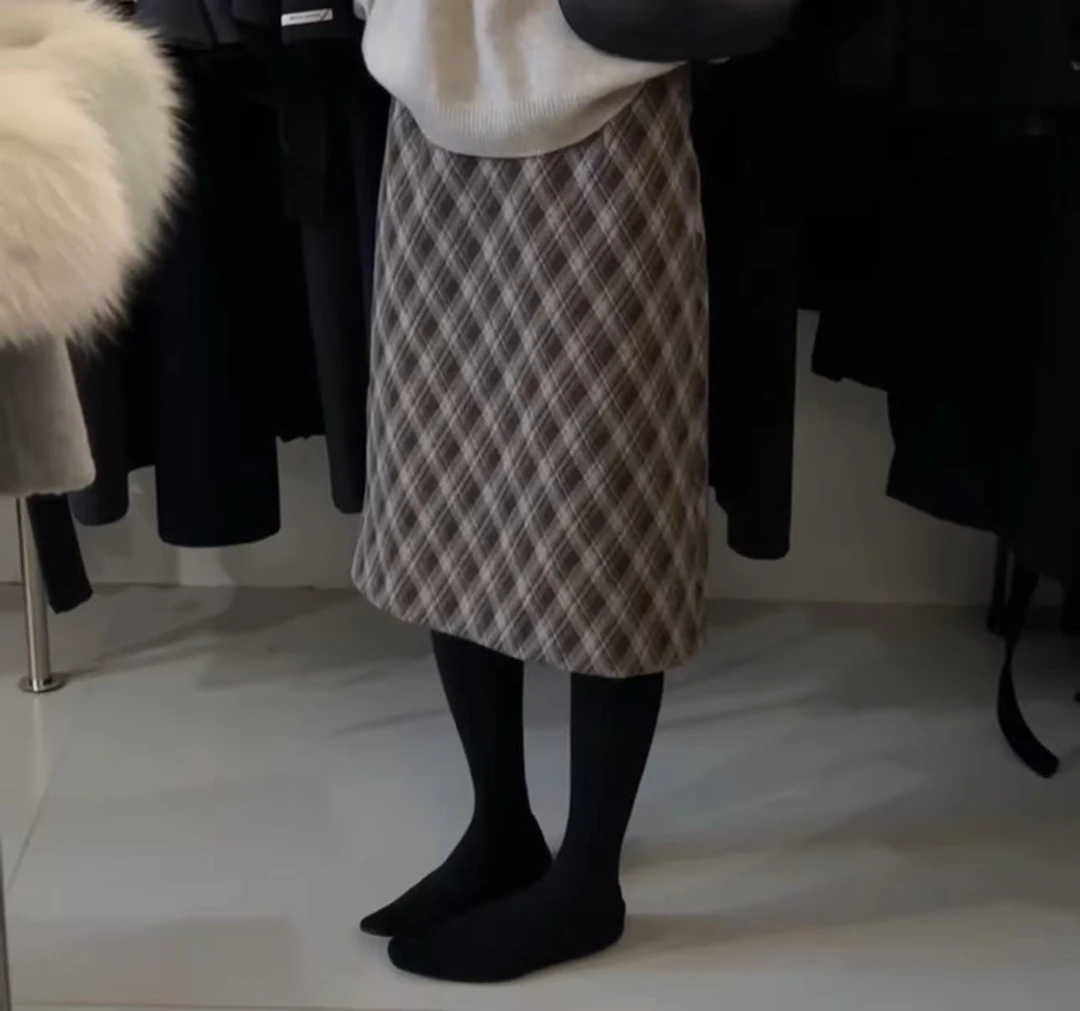 中长裙高弹力松紧腰休闲半身裙中长款半裙格纹短裙格子包臀秋冬