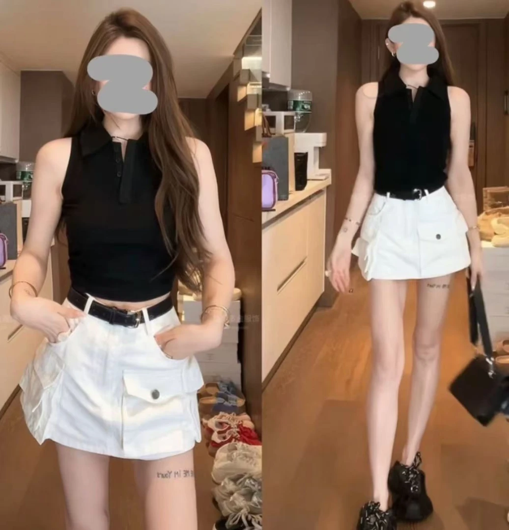 2025夏季时尚洋气韩系POLO领修身无袖背心显瘦工作牛仔短裙裤套装