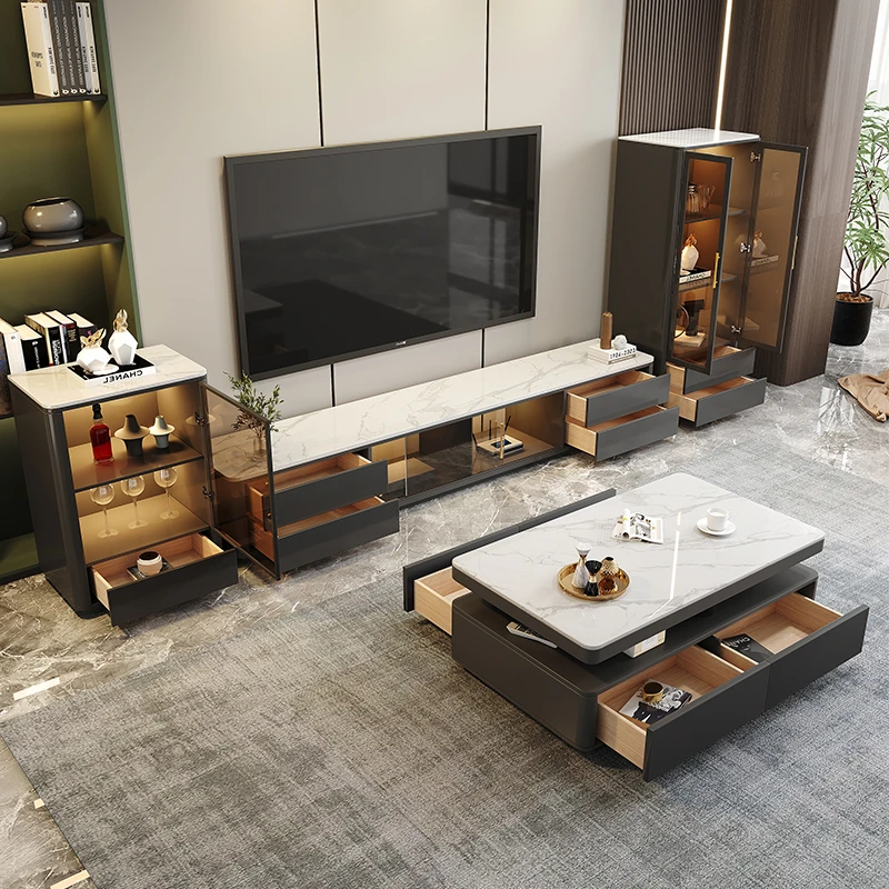领顿3203#轻奢岩板茶几电视柜组合北欧现代简约客厅伸缩家用方形