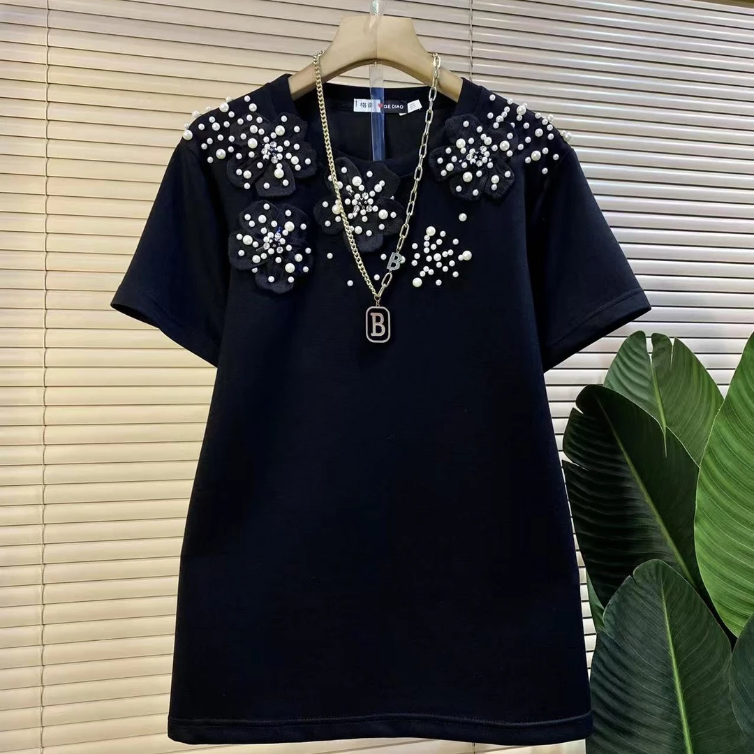 G欧货时尚新款重工气质花朵拼接短袖上衣