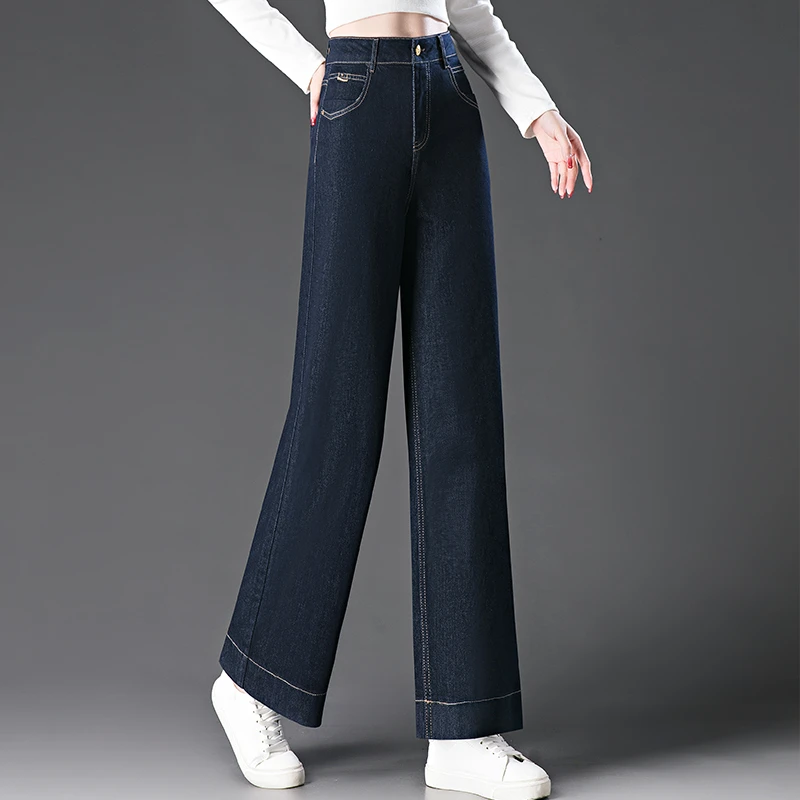 深蓝色明线窄版阔腿裤牛仔裤女士2025春秋季新款宽松高腰直筒裤子