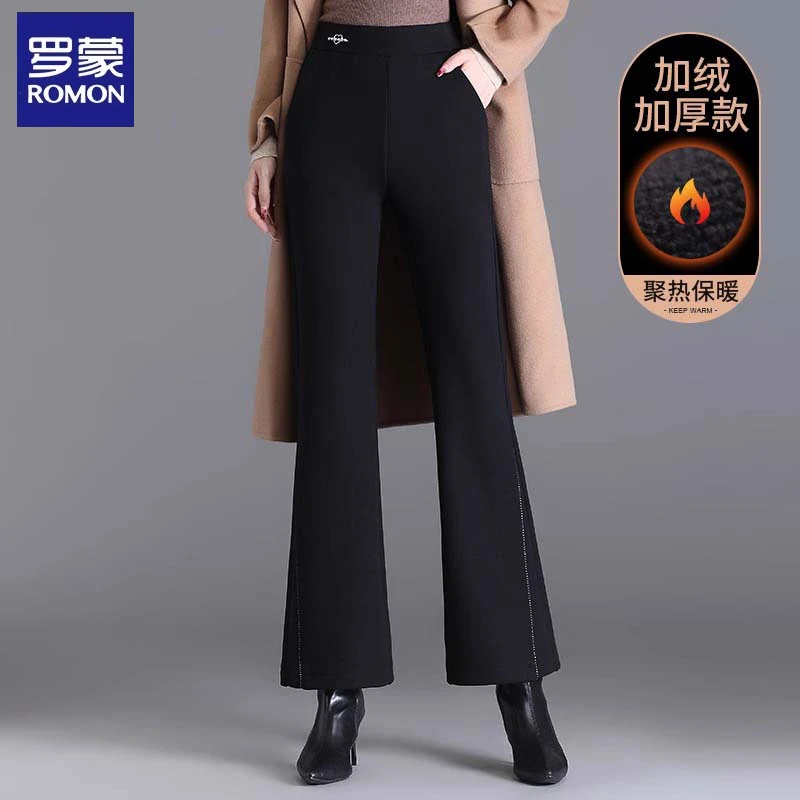罗蒙妈妈加绒裤子秋冬时尚微喇叭裤中老年冬季女2025新款休闲长裤