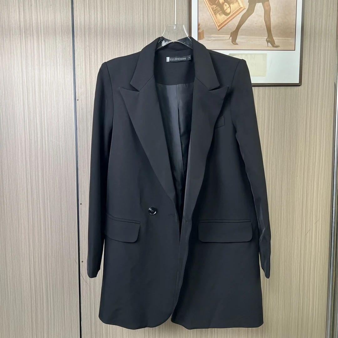 111-71黑色职业休闲西装外套宽松春秋显瘦新款韩版中长款西服气质