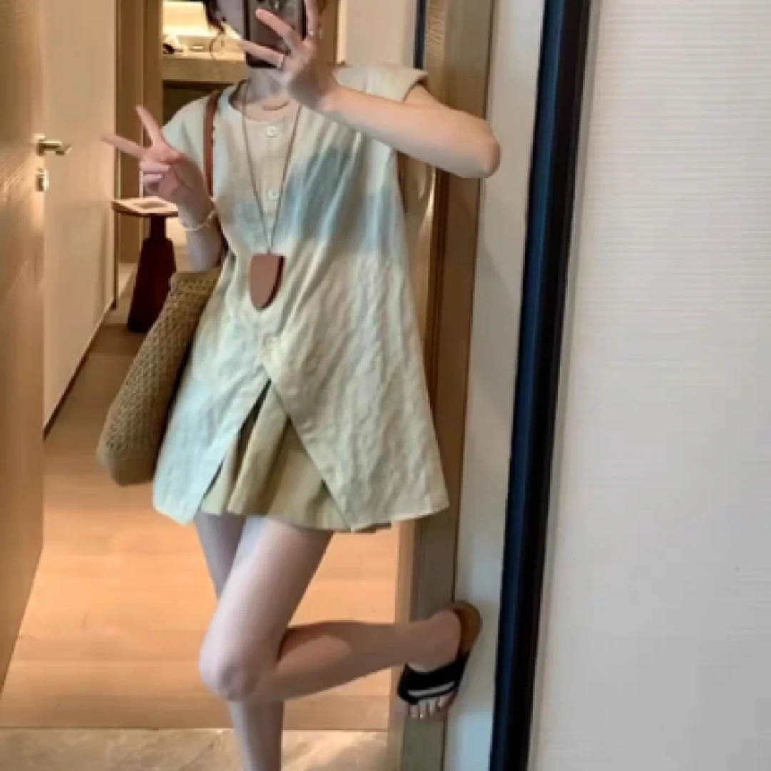 131【两件套】复古麻感两穿无袖上衣休闲阔腿裤时尚套装