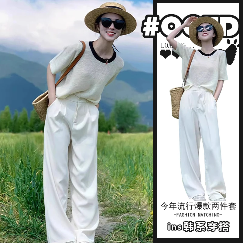 今年流行的绝美杏色短袖体恤小个子套装女夏季洋气时尚长裤两件套