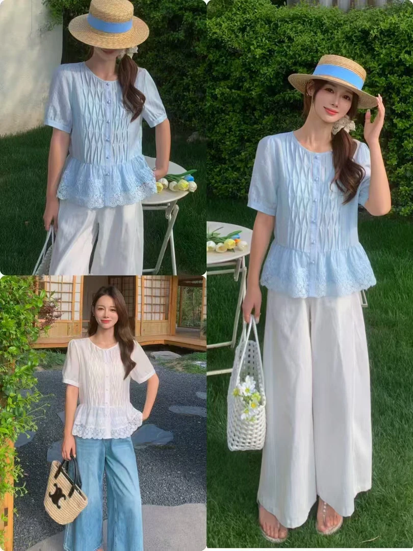 石头家（韩系百搭显瘦时尚褶皱蕾丝小衫）