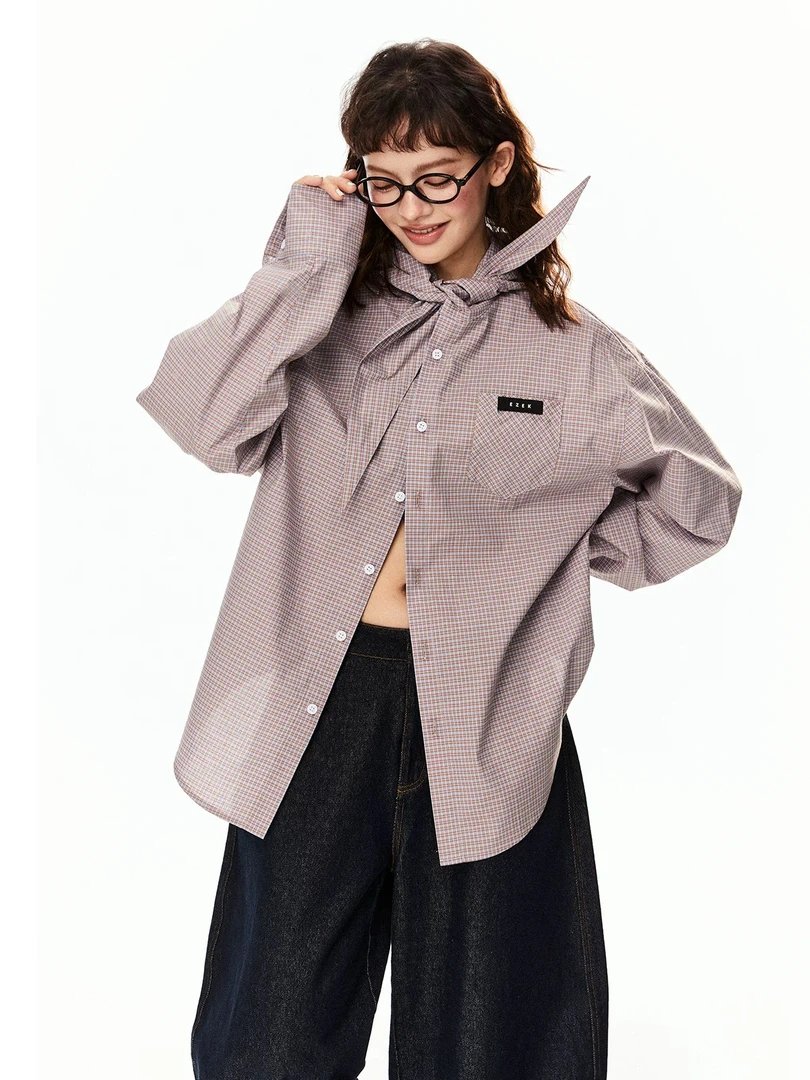 【直播间清仓款 No退No换】EZEK设计感连帽格子衬衫女早春新款宽松