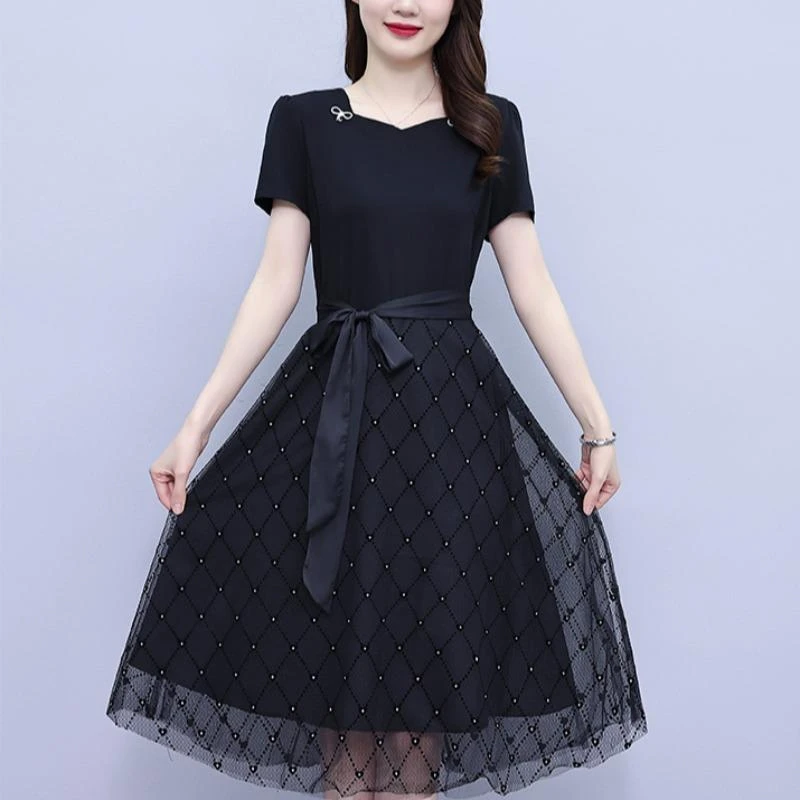 FAVMARTHA2025夏季新款年轻妈妈减龄高端显瘦中长款大码气质拼接