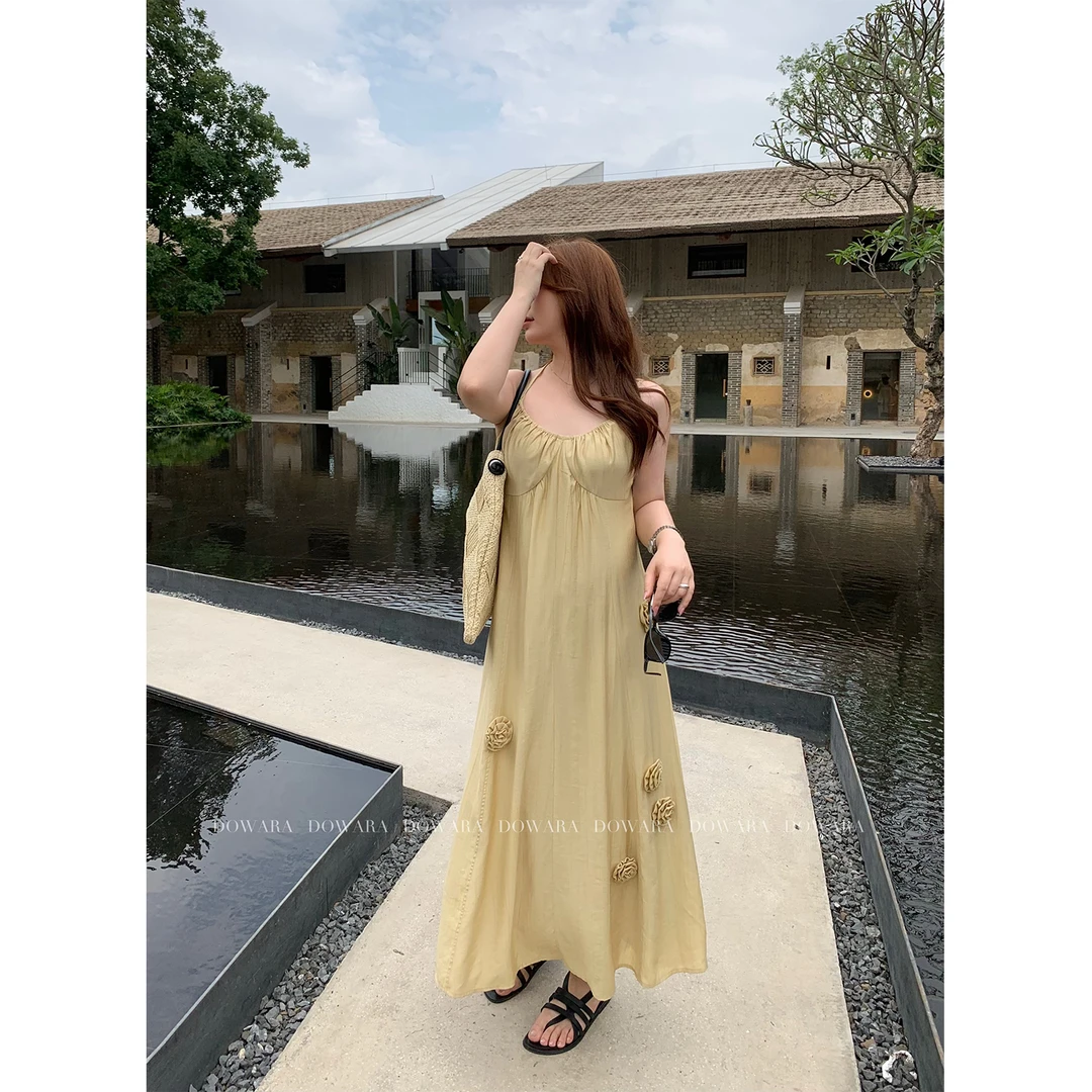 现货大婉酱微胖定制法式立体花气质长裙纯色夏季复古吊带裙 8335D