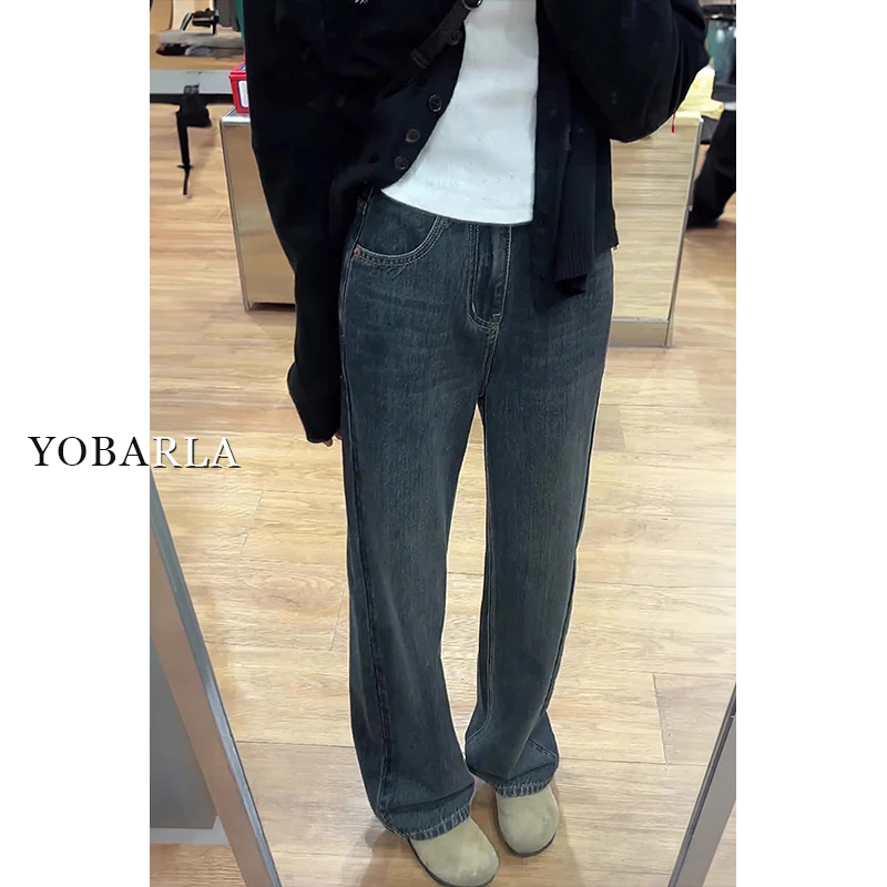 蓝灰色直筒牛仔裤女秋冬高腰宽松梨形身材大码胖mm拖地加绒阔腿裤
