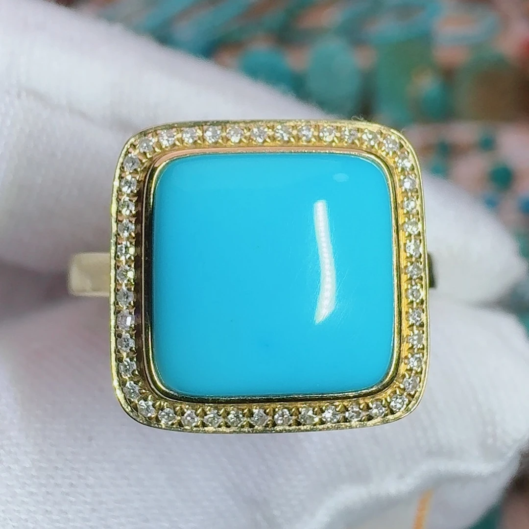 绿松石18K金镶嵌珠宝奇石高瓷高蓝方糖戒指