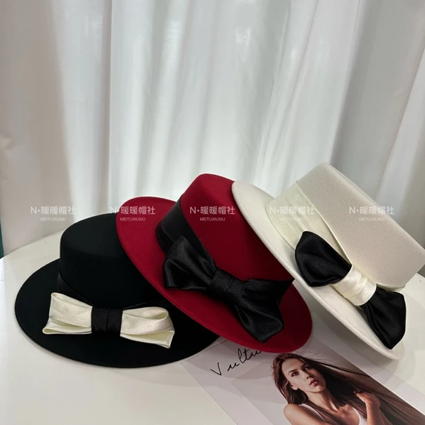 小香平顶宽檐礼帽女秋冬蝴蝶结日系英伦洋气法式复古平顶帽