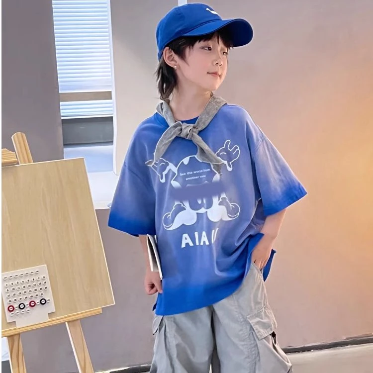 儿童宽松纯棉T恤夏季圆领短袖t恤男童卡通风休闲夏装半袖潮酷上衣