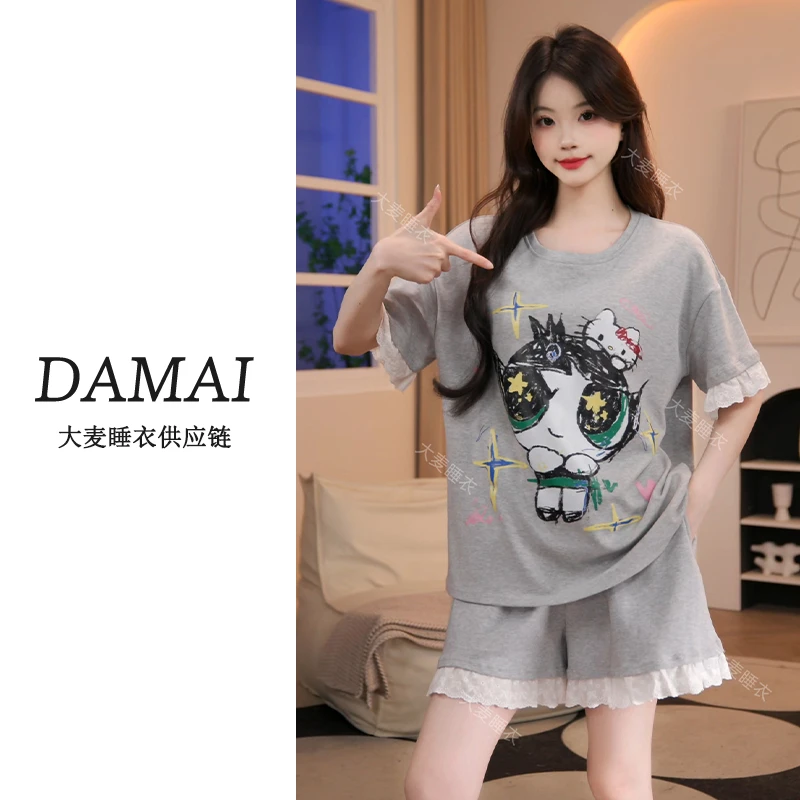夏季短袖短裤纯棉透气带胸垫女款新款休闲卡通睡衣舒适家居服套装