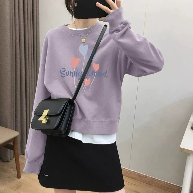 假两件圆领套头短款卫衣女加绒加厚秋冬上衣宽松小个子春秋薄款