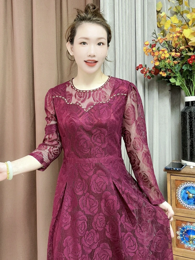 S 982-1#（限定款）玫瑰印花收腰蕾丝修身显瘦气质妈妈装长袖连衣裙