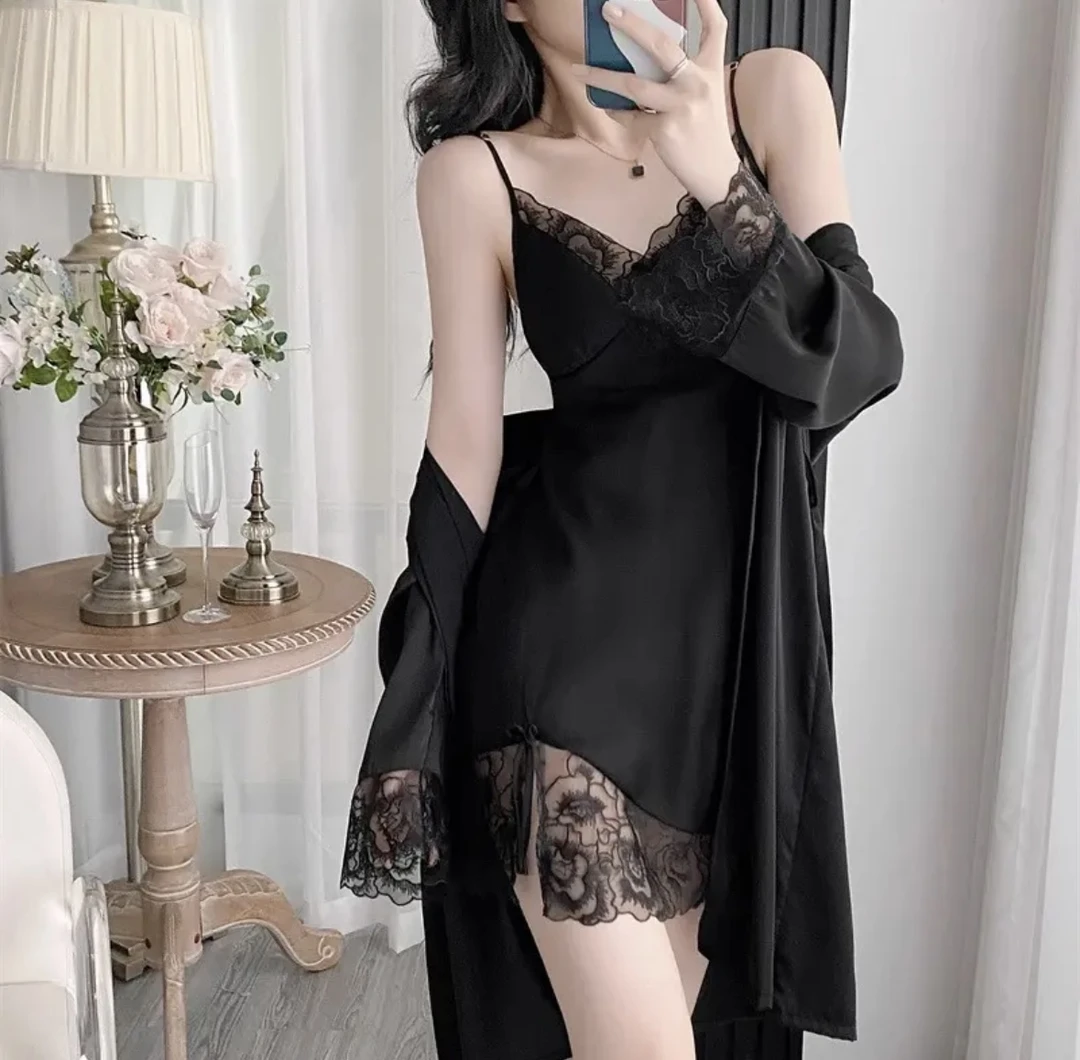 【媚眼如丝】性感冰丝蕾丝睡裙夏季新款吊带纯欲显瘦带胸垫家居服