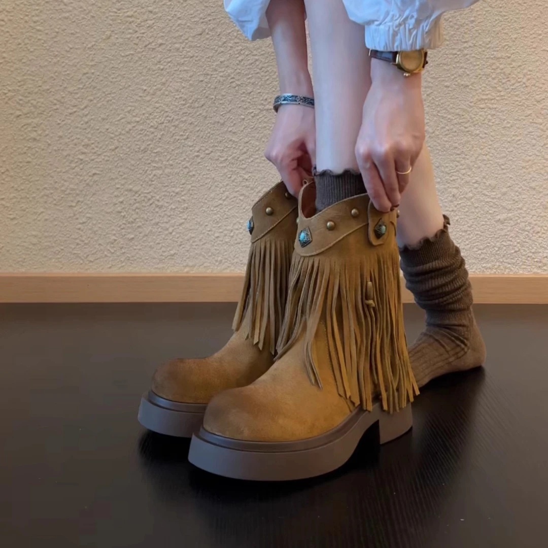 Pokoy-5cm皮带扣女复古时尚百搭气质不过膝中筒靴秋冬季