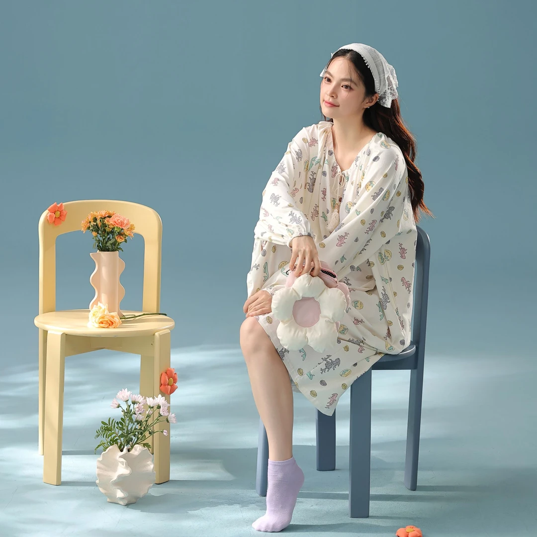 芬腾女士睡裙春秋季纯棉卡通长袖睡衣裙可爱休闲大码可外穿家居服