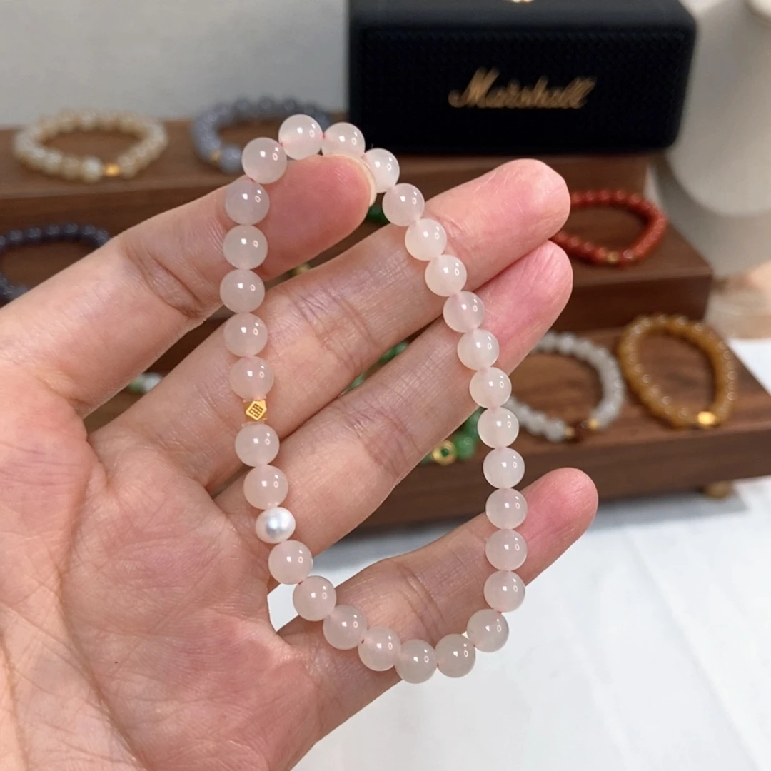 手链银S925镶嵌和田玉福利6mm藕粉