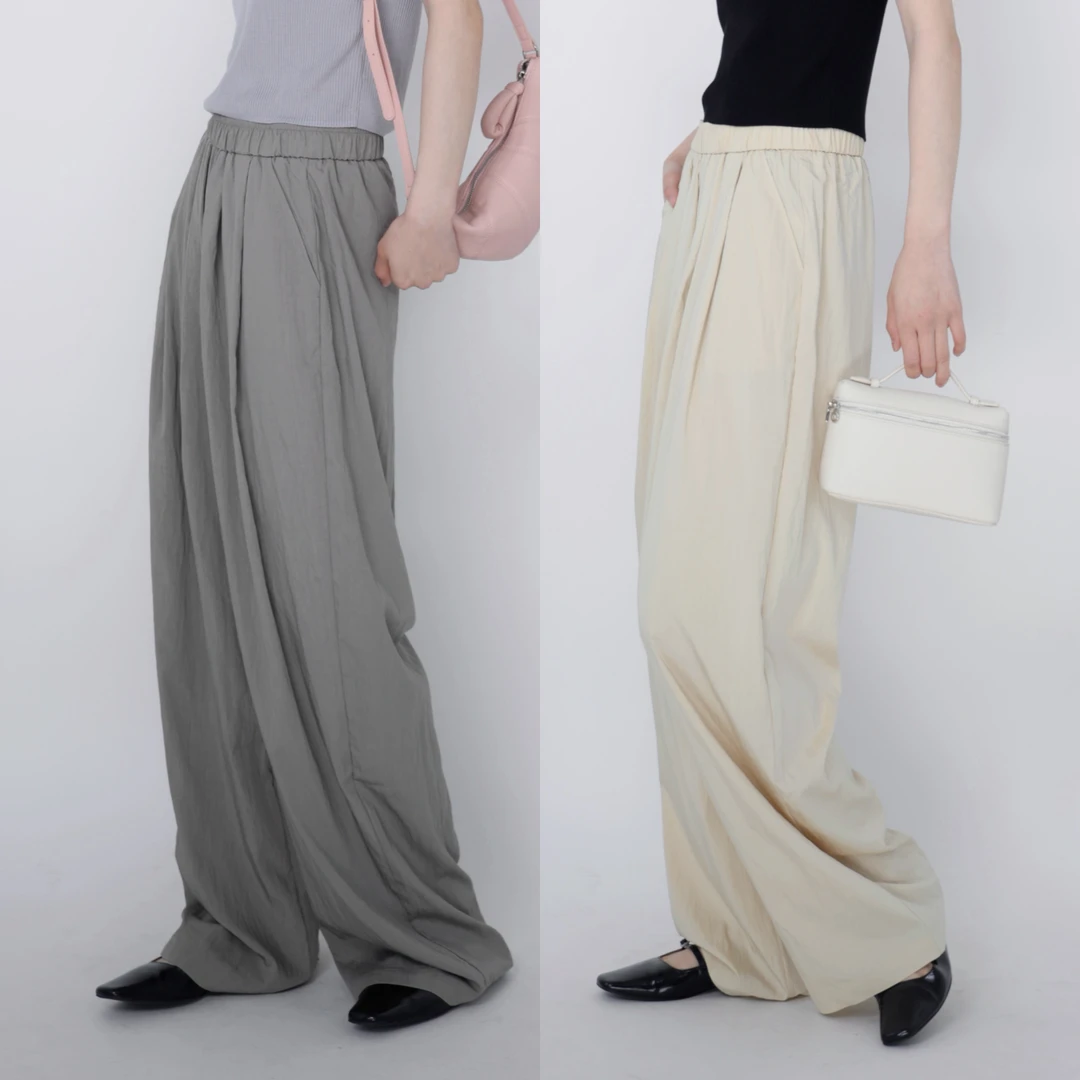 FLOREATELIER松紧腰山本裤女灰绿色高级显瘦小个子直筒裤