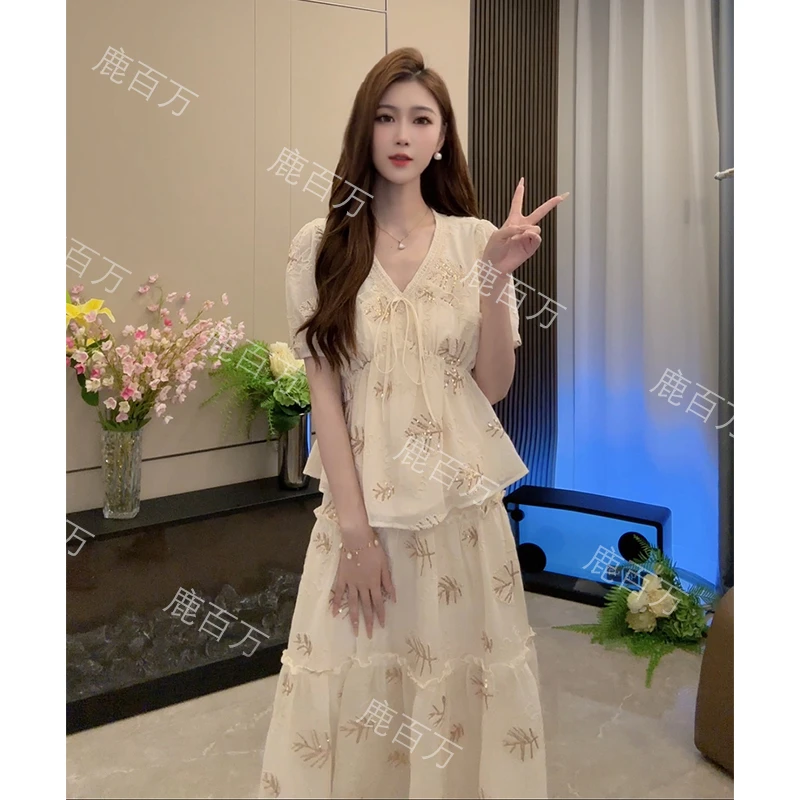 【鹿百万设计款】夏季新款清新短袖+半裙套装慵懒风女装YY-053