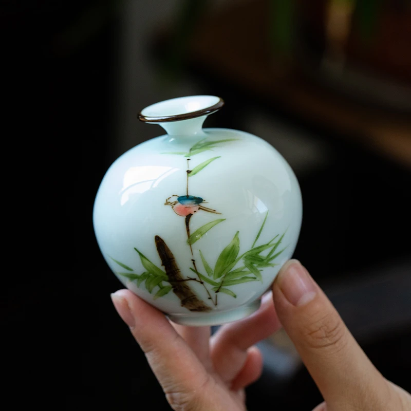瓷何来  景德镇手绘竹叶小鸟花器居家摆件手工花瓶 插干花 摆书桌