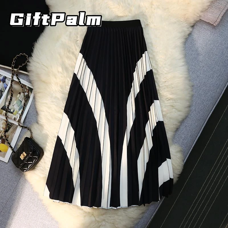 GiftPalm复古黑白撞色半身裙女夏季不规则拼色半裙过膝大摆百褶裙