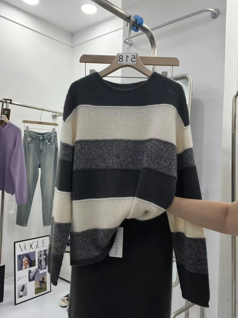 2025常规款法式秋冬季圆领长袖毛针织衫拼色条纹秋冬通勤风