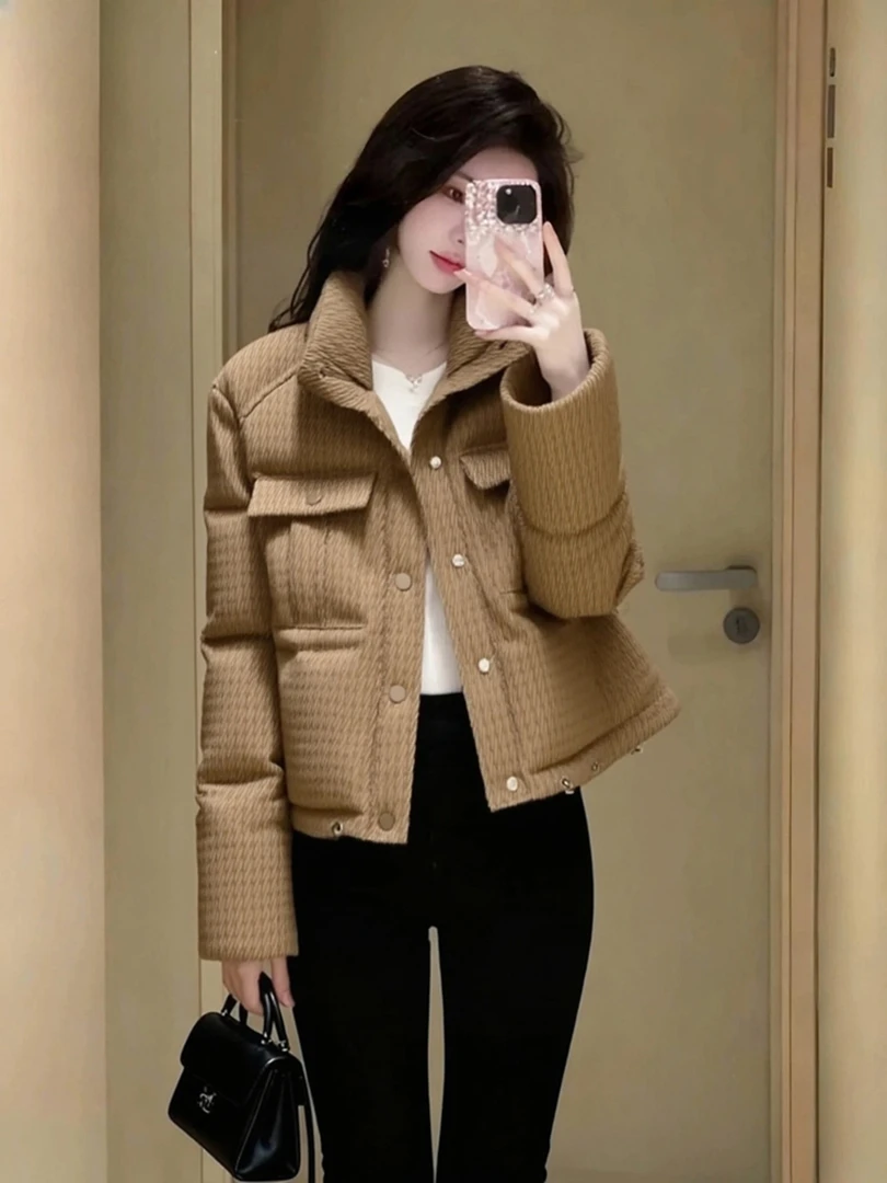 卡其色棉服女冬季高端时髦洋气小香风独特漂亮巨好看立领棉衣外套