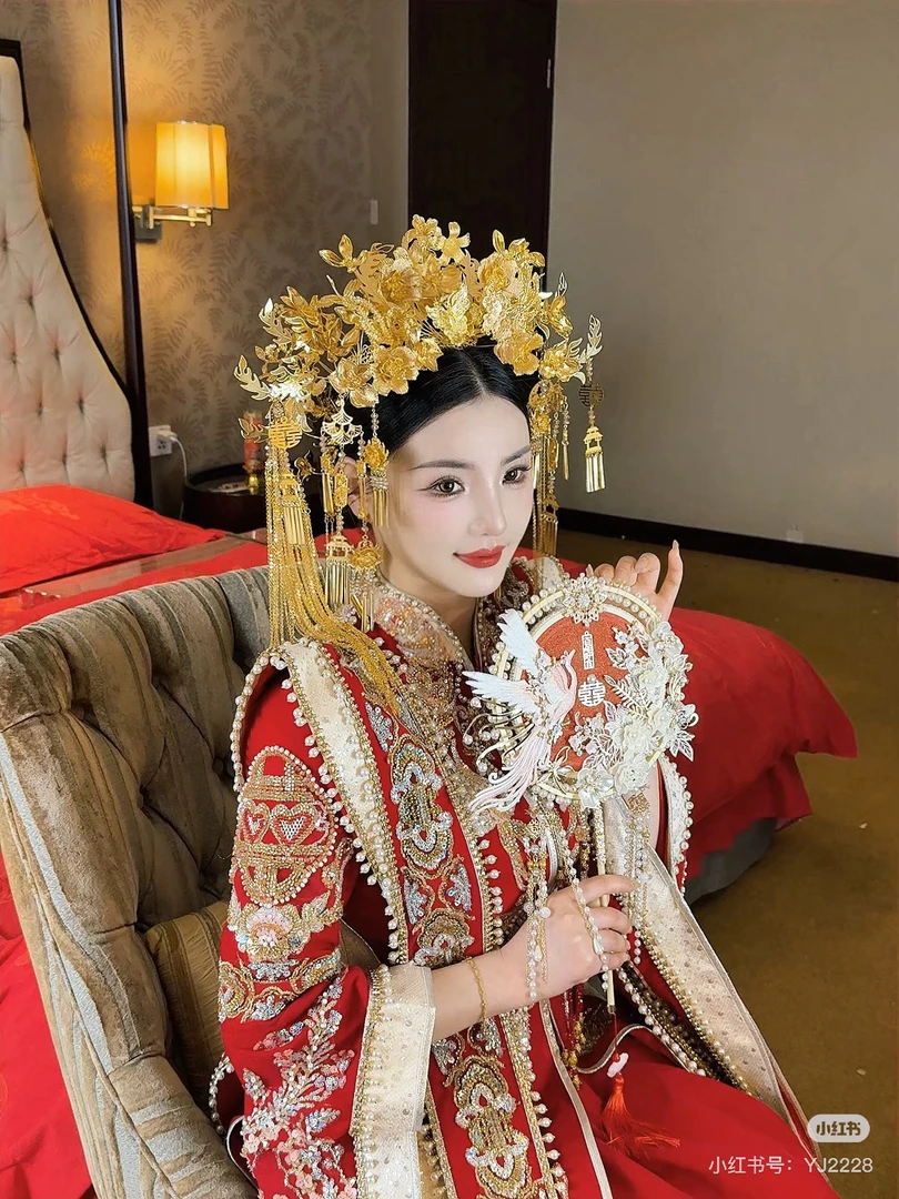 君心家 磨砂质感金玫瑰奢华半冠中式秀禾新娘古风头冠结婚头饰