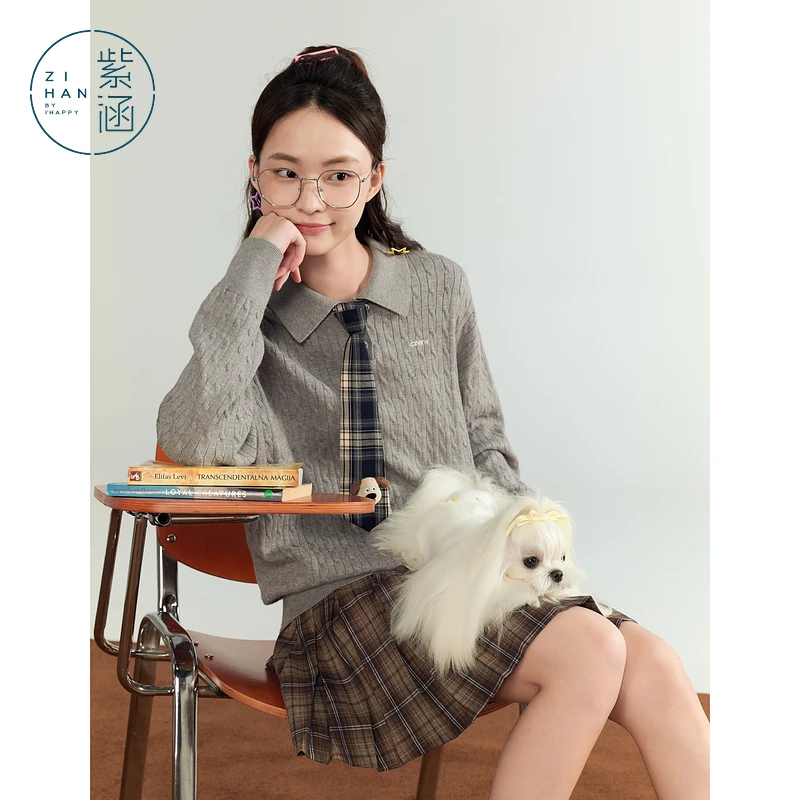 紫涵POLO领套头针织衫女学院风麻花肌理宽松长袖毛衣Z4Z08AS387