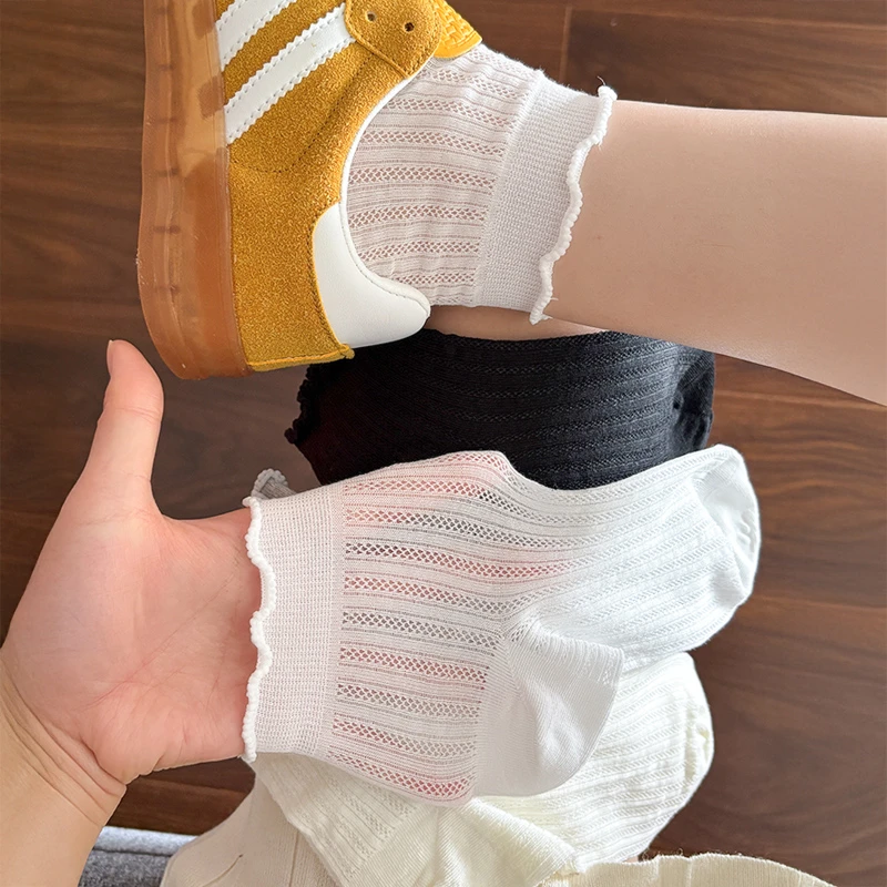 女孩夏天薄袜子透气棉袜轻薄网眼袜韩版ins甜美少女风木耳边短袜