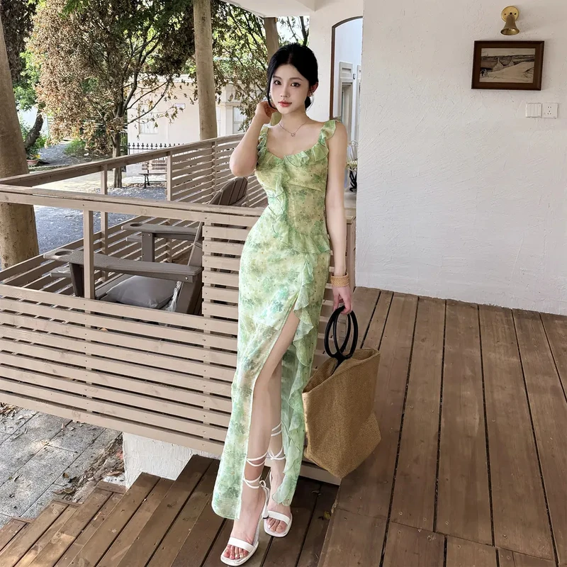 KaDaiShan 法式温柔吊带裙显瘦气质绿色碎花收腰连衣裙夏季度假风