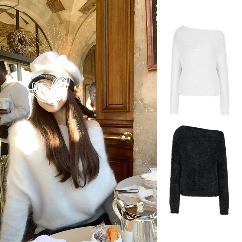 Moses Queen/魔西女王秋冬慵懒风毛衣气质露肩上衣宽松斜肩针织衫