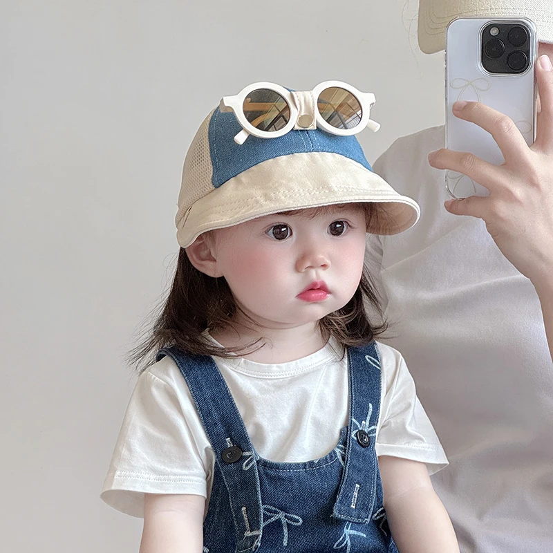 儿童帽子夏季薄款透气网眼鸭舌帽带墨镜遮阳防晒男女宝宝棒球帽潮